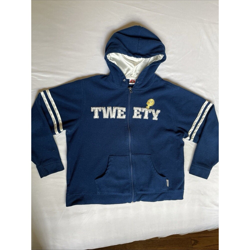 VTG 90s Looney Tunes Tweety Hoodie Mens L Blue Fleece Full Zip Sweatshirt Y2K